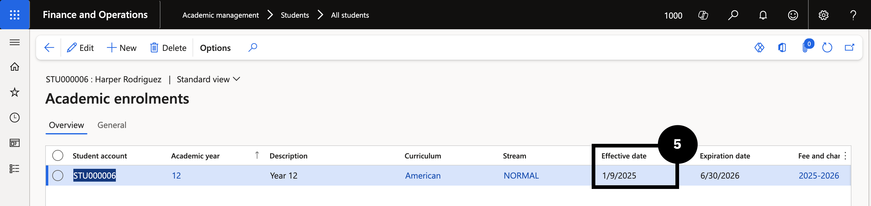 Update Student Enrolment Dates — the Academic enrolments panel with the Effective date field being updated