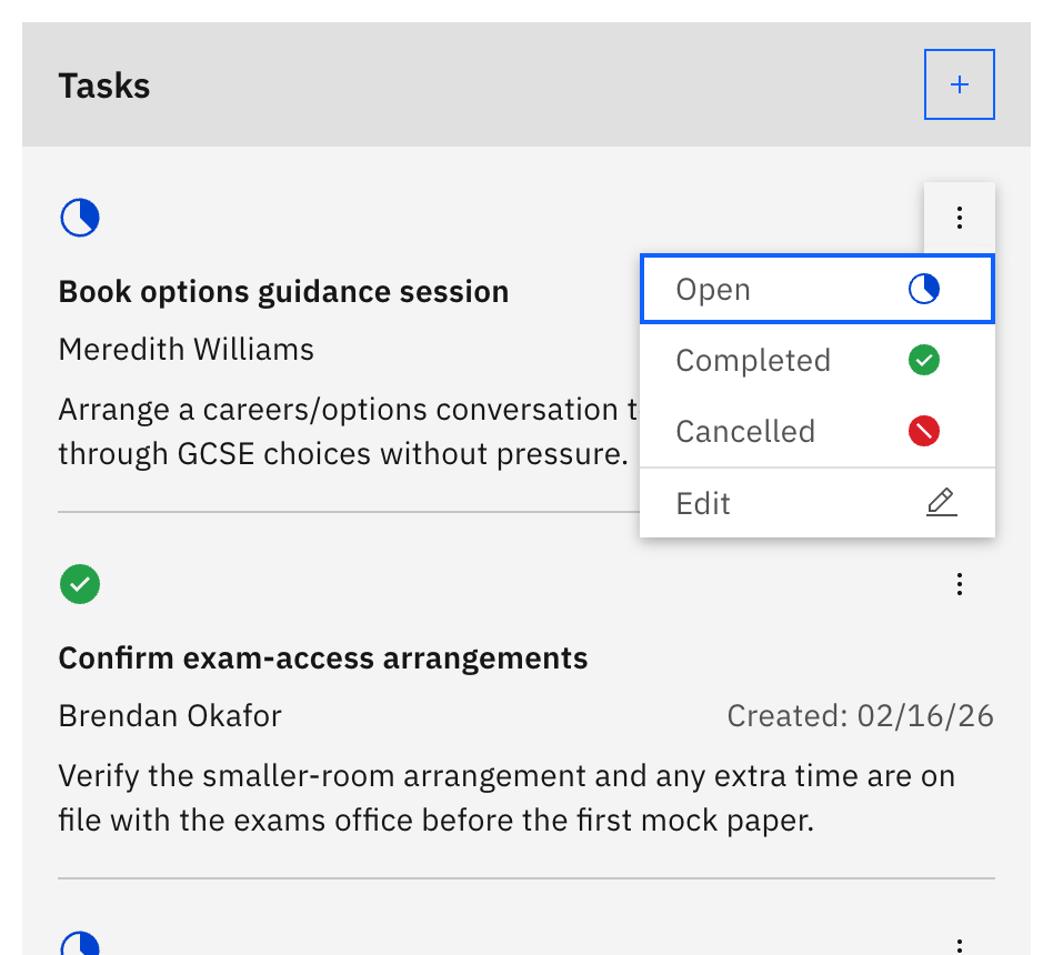 A task's options menu open in the Tasks tile, showing the Open, Completed, Cancelled, and Edit actions