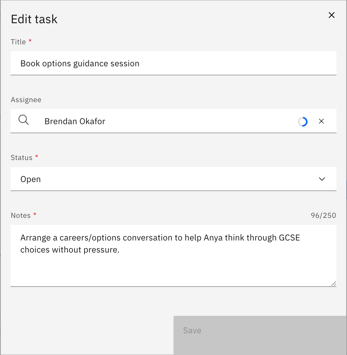 The Edit task panel showing the Title, Assignee, Status, and Notes fields