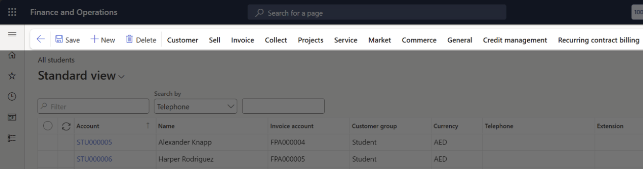 The F&O Action Pane — Back, Save/Edit, and New buttons anchored at the far left of the toolbar