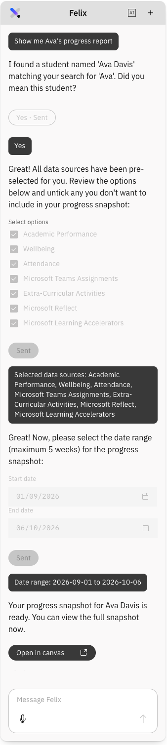 Felis prompts and pathway to access a student's progress report