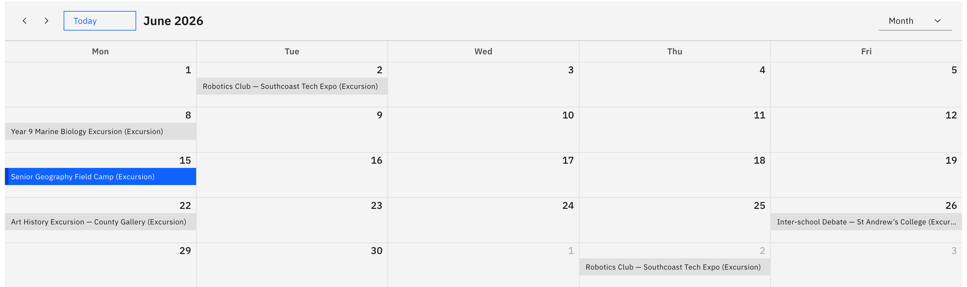 The activities calendar in Month view — coloured activity blocks across the month, with the Month / Week / Day toggle at the top right