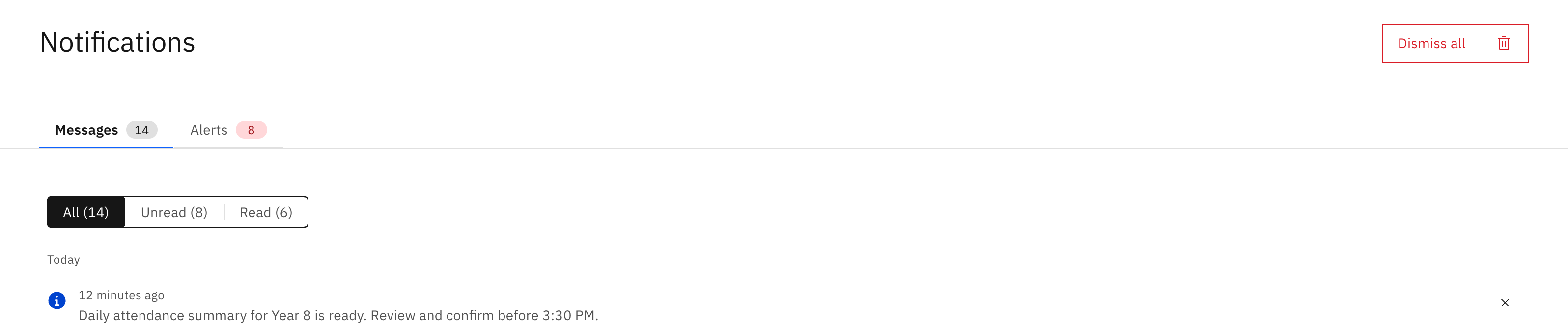 The Notifications page with the Messages and Alerts tabs each showing a total count tag, plus the All / Unread / Read filter