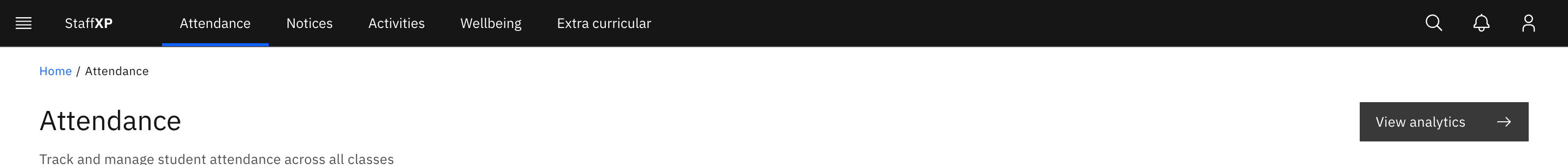 The teacher Attendance page with the View analytics button at the top right