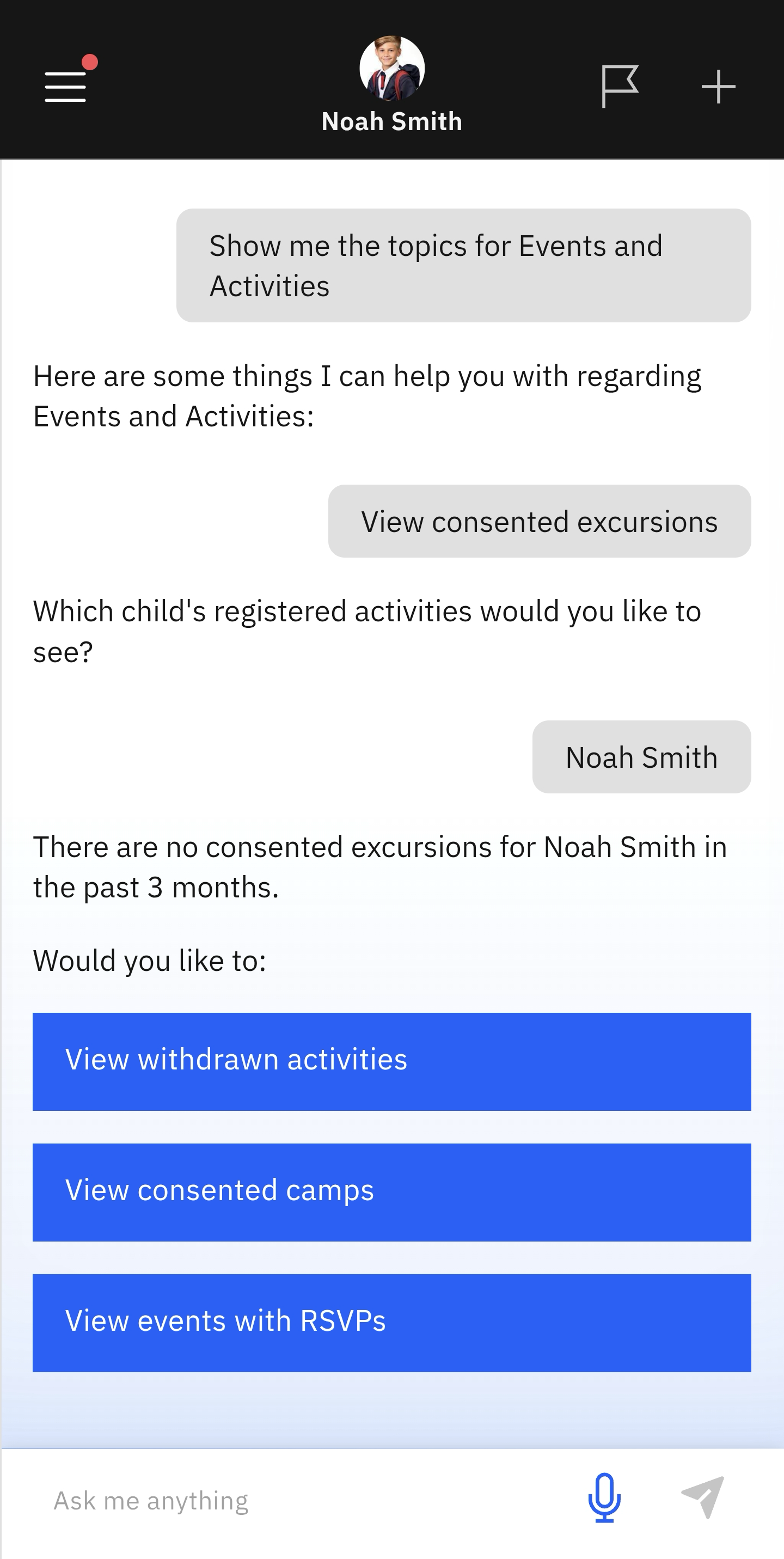 App giving feedback on consented excursions, follow up prompts are also showing