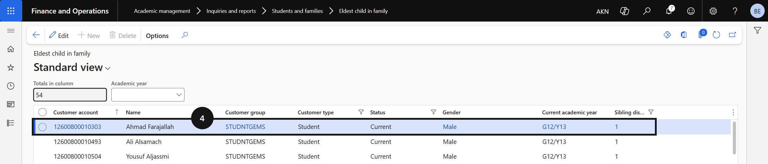View Eldest Child in Family — the report listing eldest siblings per family