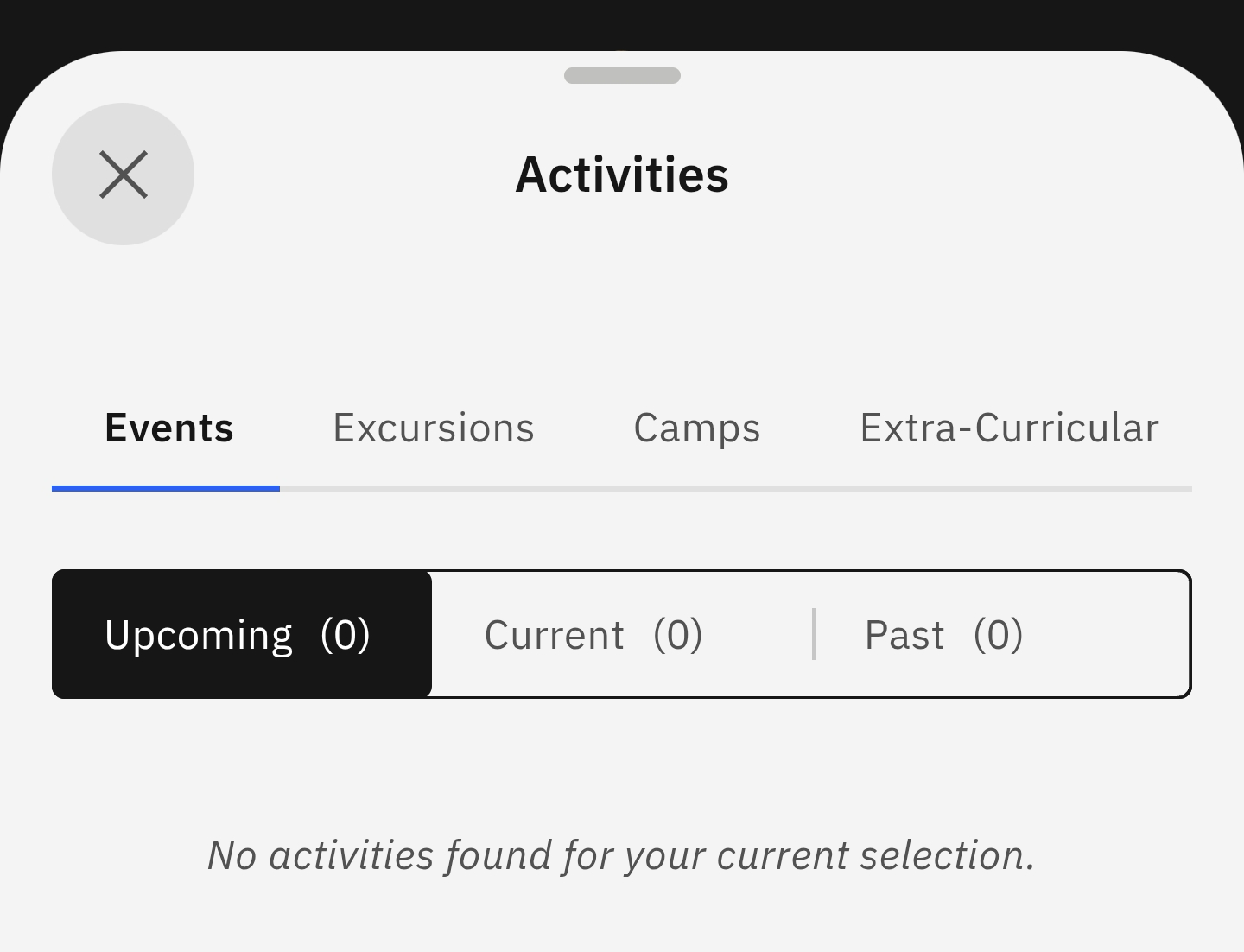Activities page as displayed on the PXP app