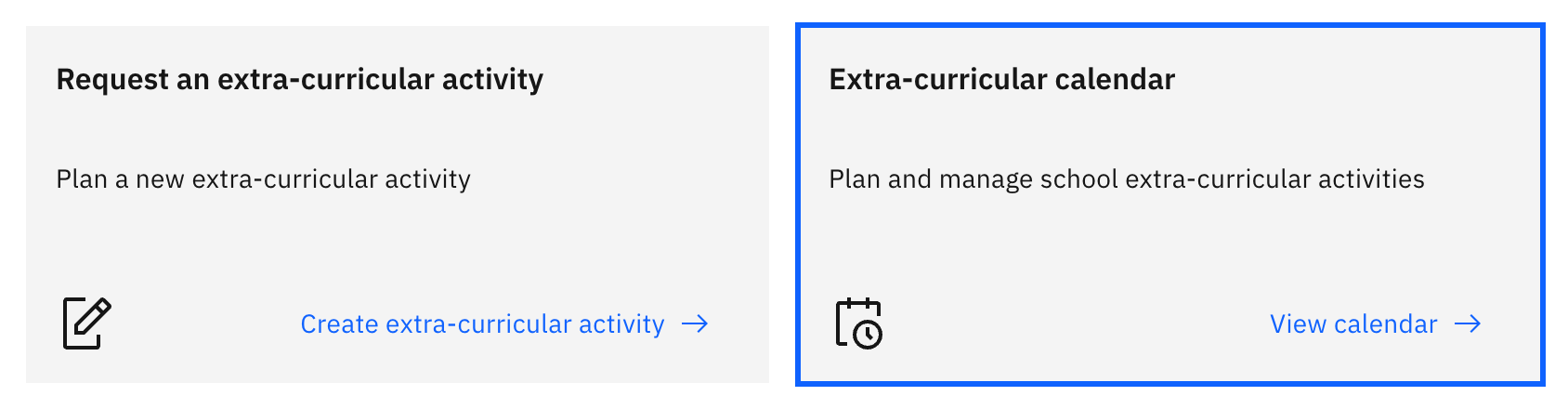 The two action cards on the Extra-curricular hub, with the Extra-curricular calendar (View calendar) card highlighted