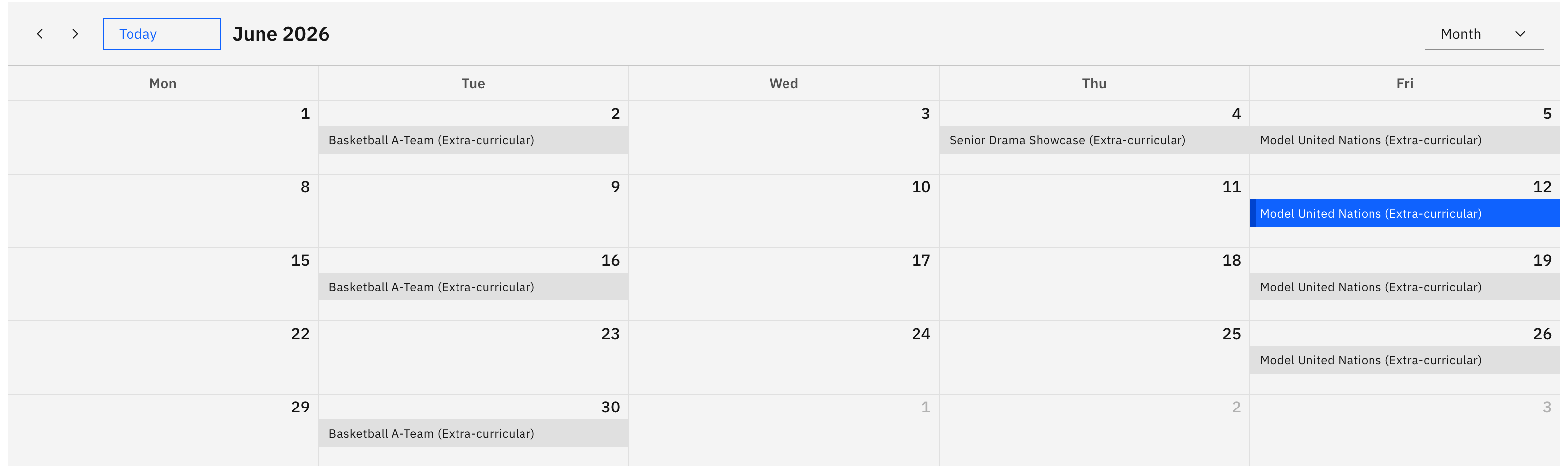 The extra-curricular calendar in Month view with colour-coded events and the Month / Week toggle