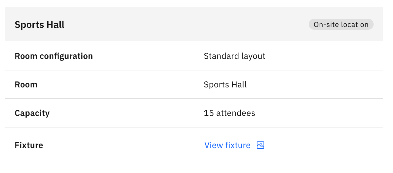 The Venue details panel — location type, room, configuration, capacity, and the View fixture link