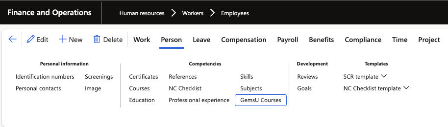 The GEMSU courses tracker on an employee record in D365