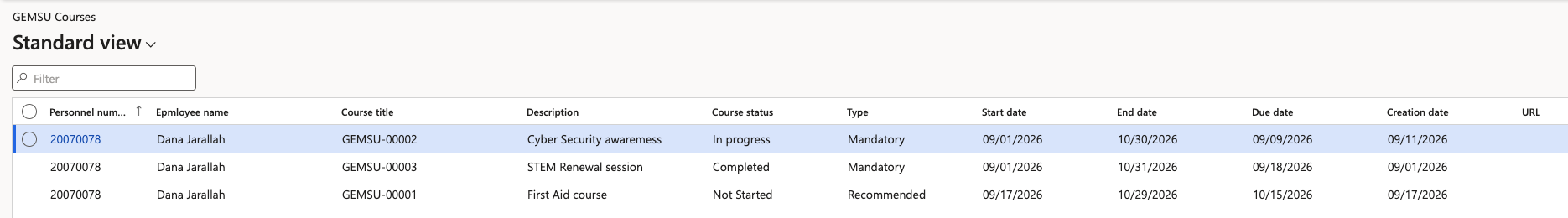 The all-employee GEMSU course form in D365 showing course lines across multiple employees