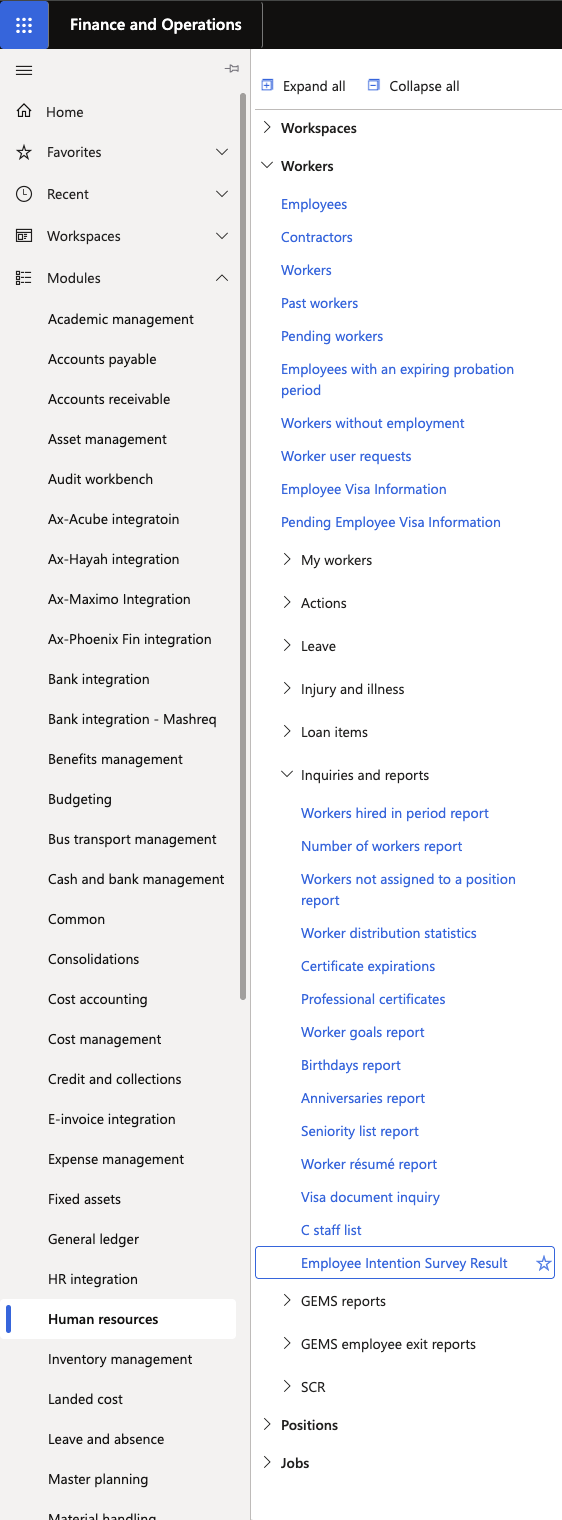 The D365 navigation path showing Human Resources, Workers, Inquiries and Reports, and the Employee Intention Survey Result option