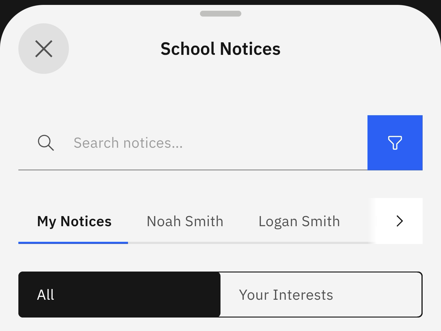 Notice screen with the filter button showing
