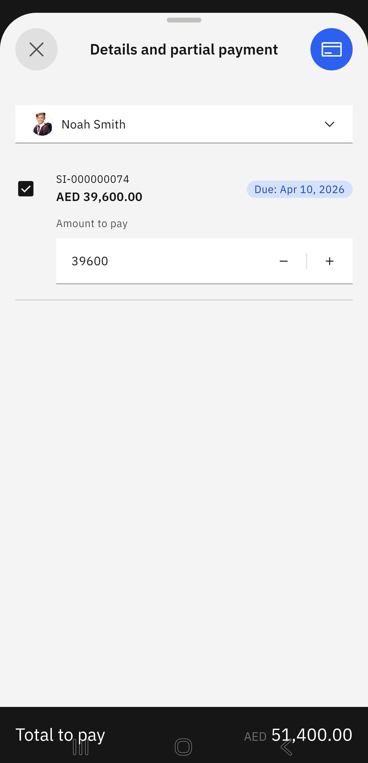 Selected outstanding fees totalled on the screen with the credit card icon active