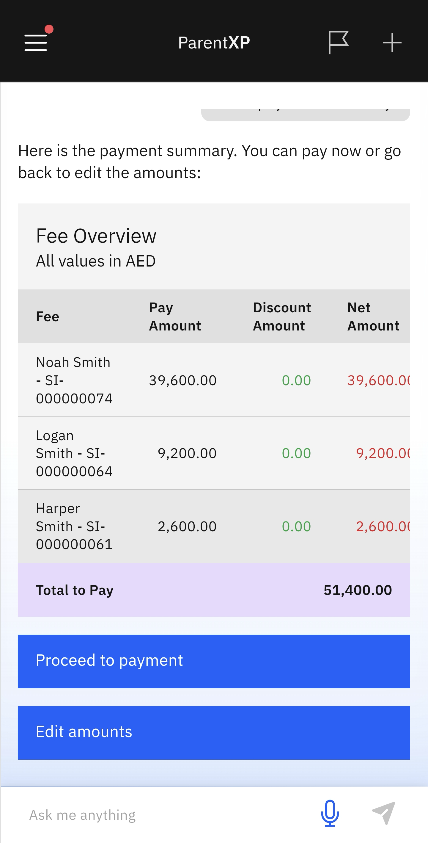 Options to proceed to payment or edit amounts for outstanding fees