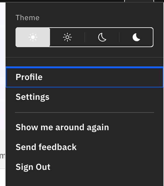 The user menu open from the top-right avatar, with the Profile item highlighted