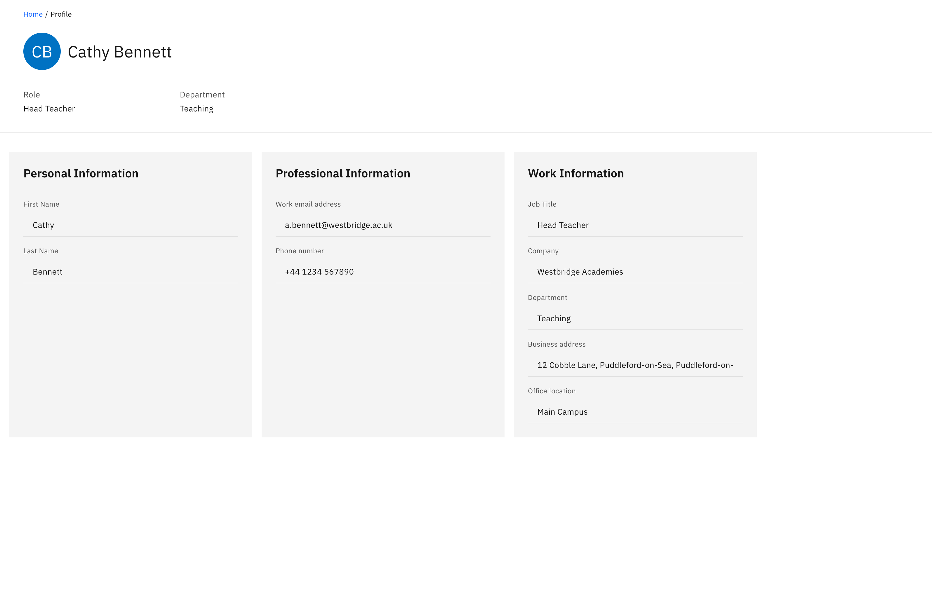Your Profile page — the avatar and name header with Role and Department, and the Personal, Professional, and Work Information cards below