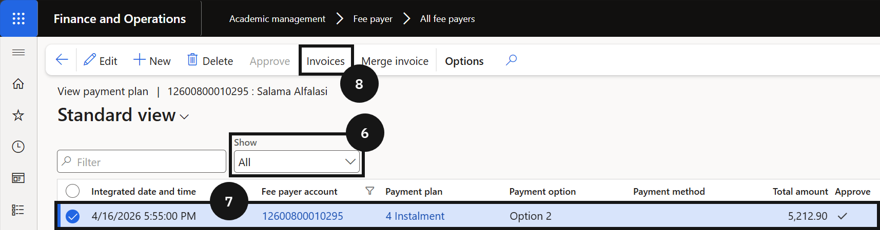 View Payment Plan Details — the Invoices view showing all invoices linked to the selected payment plan
