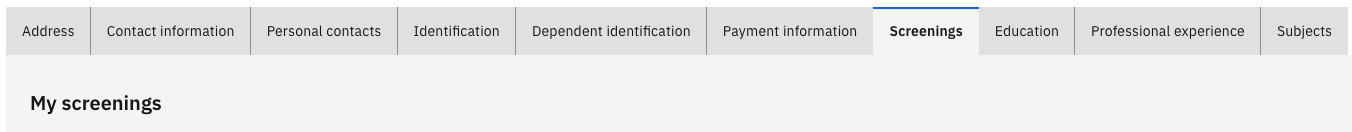 The Screenings tab showing a list of screening check records with screening type and status visible