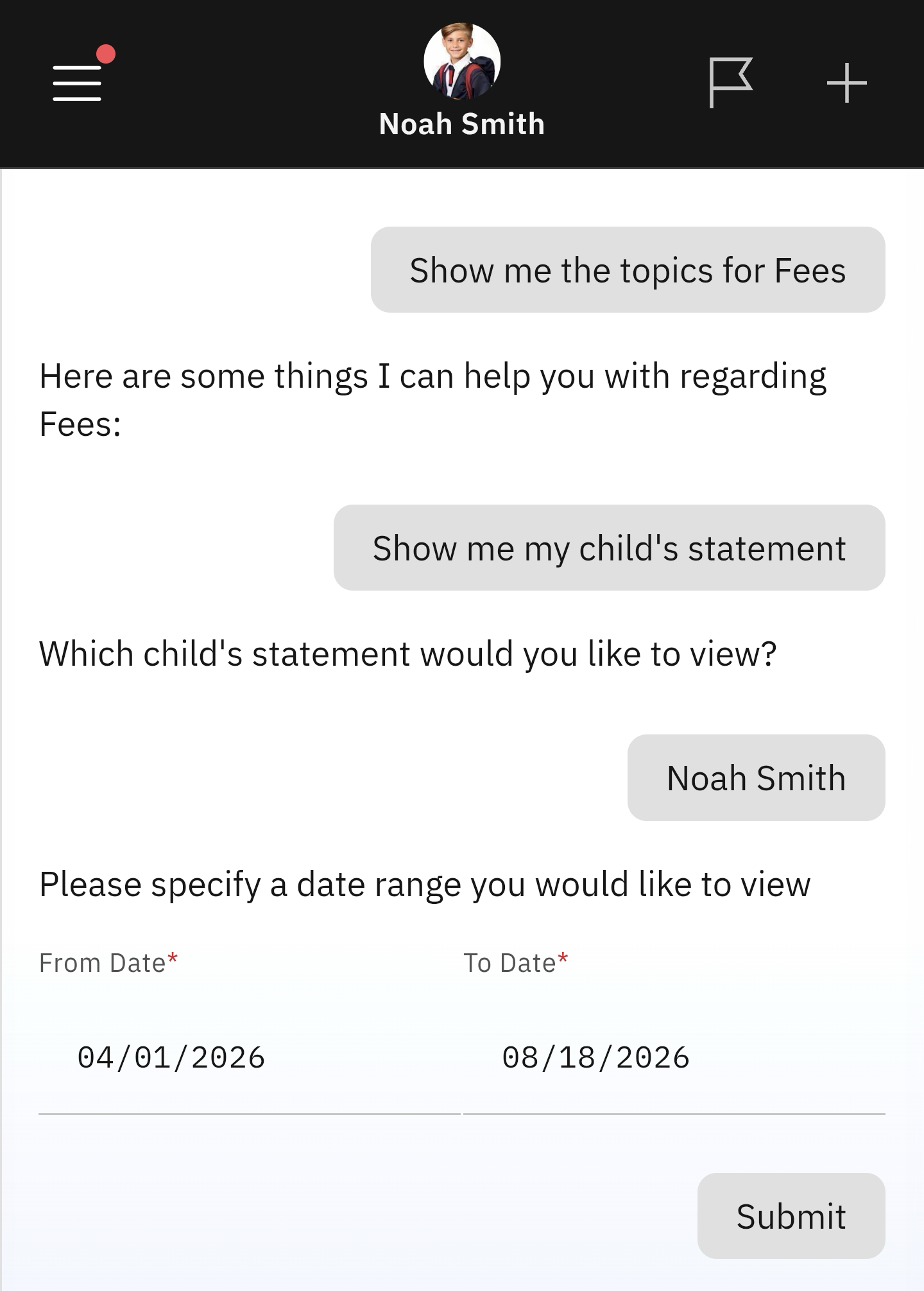 Selected Child's account statement request with start and end dates completed