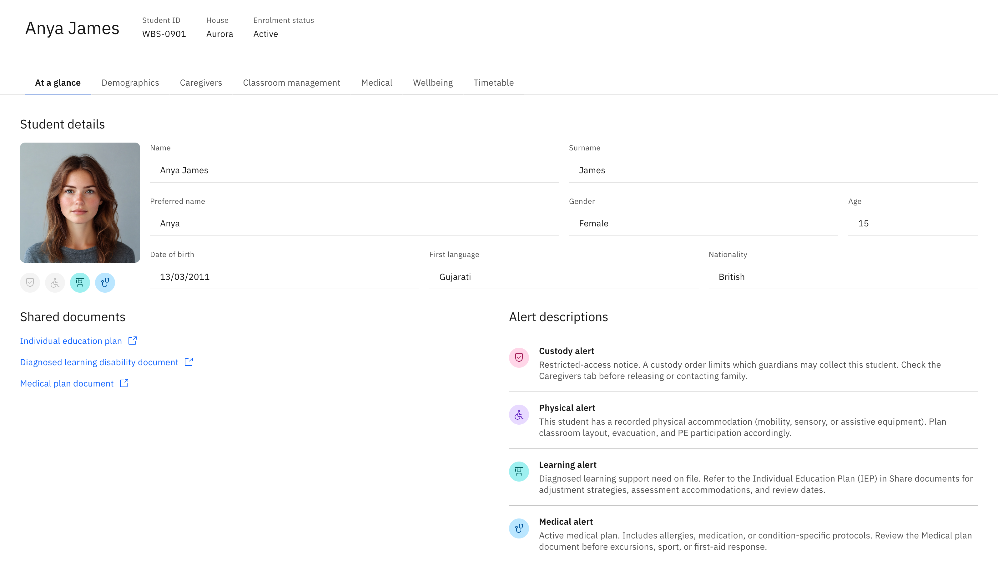 A student profile open on the At a glance tab — the photo with the alert icon row, the Student details block, Shared documents, and the alert descriptions
