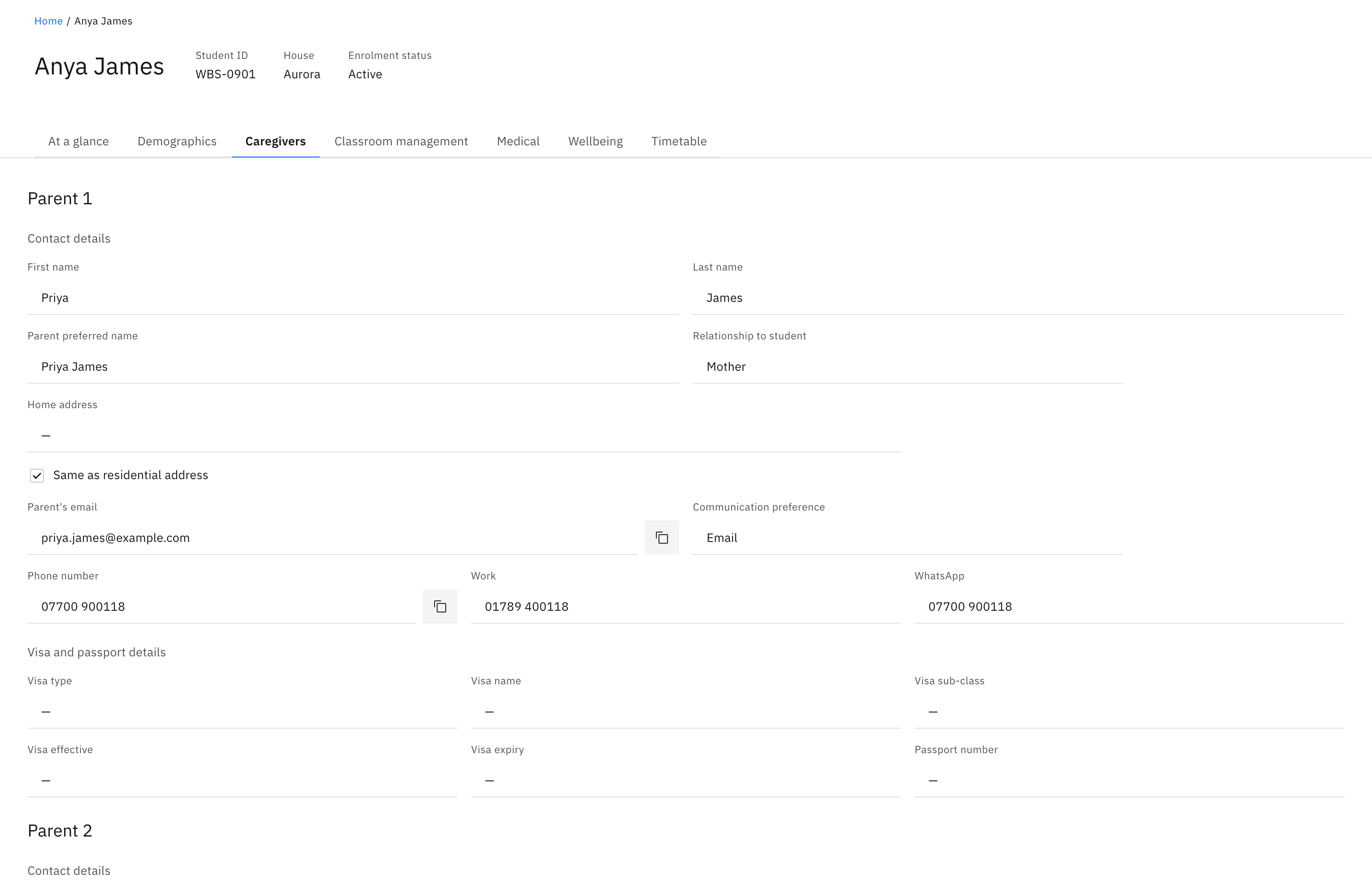 A student profile with the Caregivers tab selected, showing the Parent 1 contact details