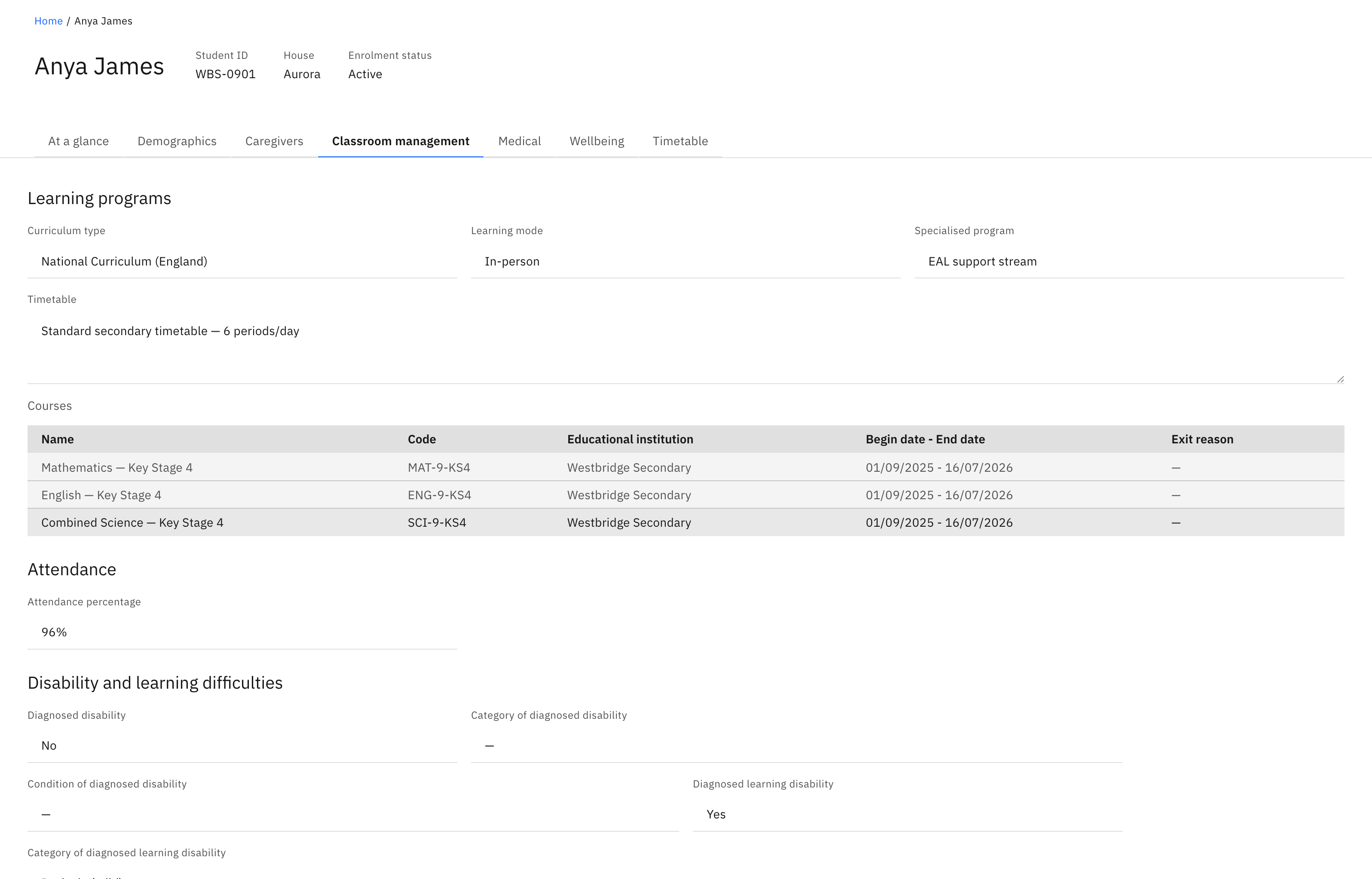 A student profile with the Classroom management tab selected, showing Learning programs and the Courses table