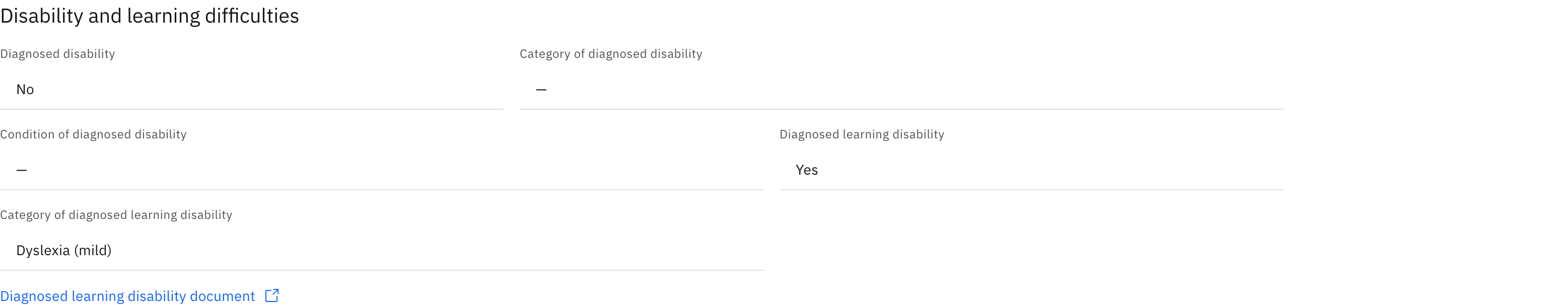 The Disability and learning difficulties block with a diagnosed learning disability document link