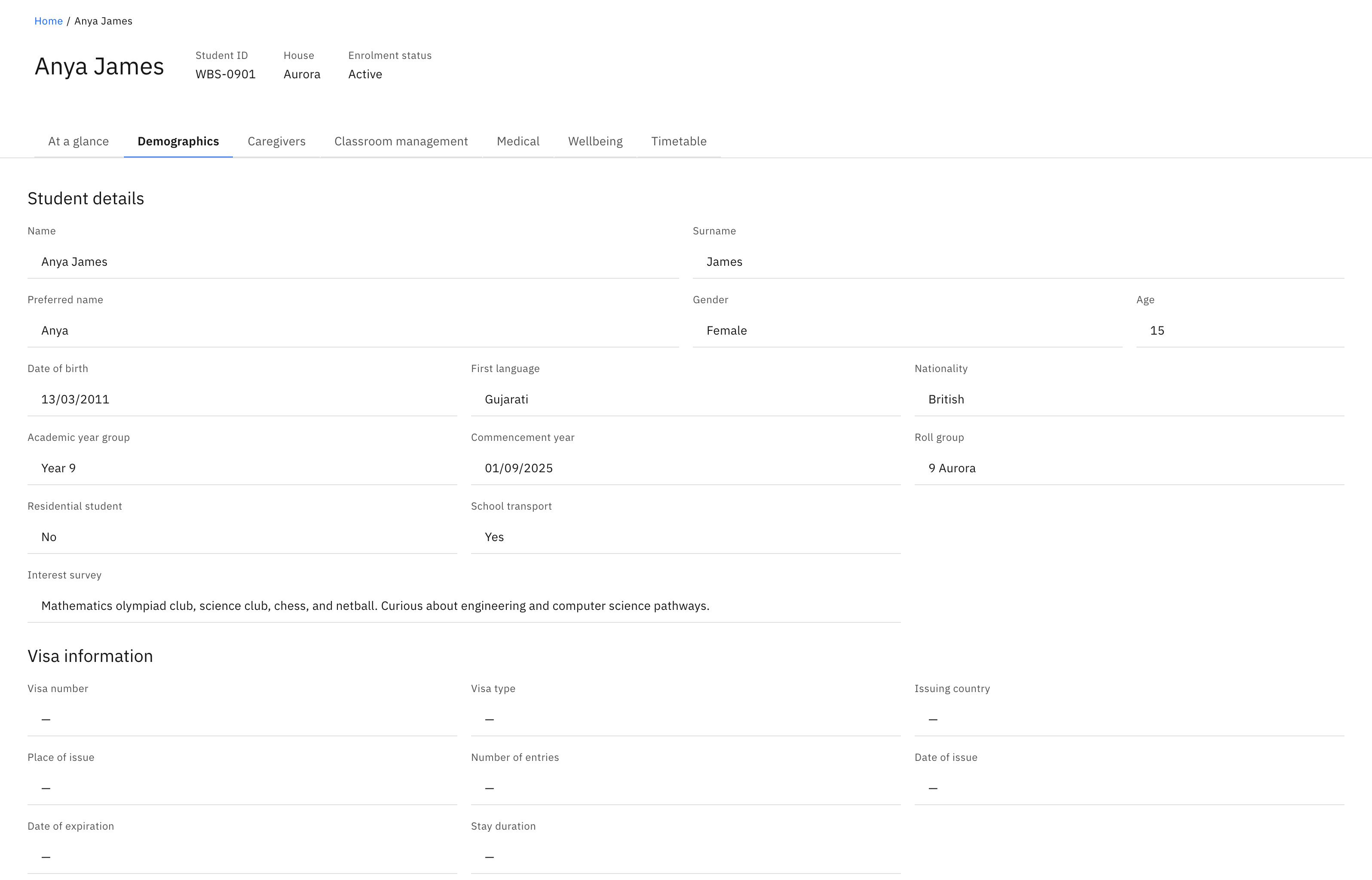 A student profile with the Demographics tab selected, showing the Student details block