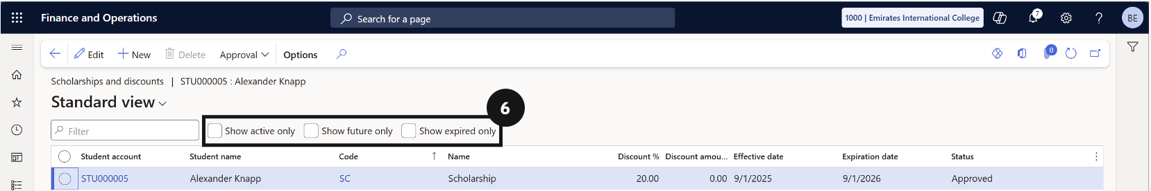 View student discounts — the Scholarship and discounts list with the activity filter checkbox