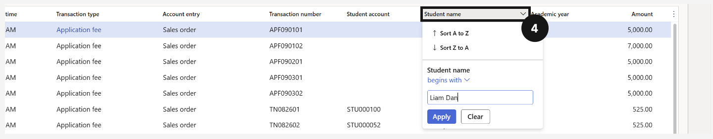 View Student Enrolment Dates — using the filter function to find a student record