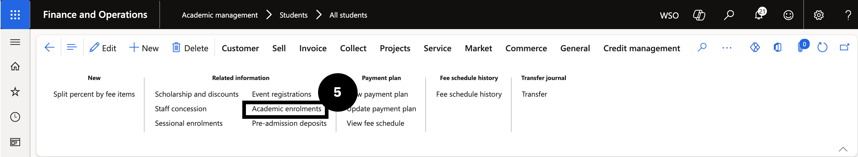 View Student Enrolment Dates — the Academic enrolments tab highlighted in the Action Pane