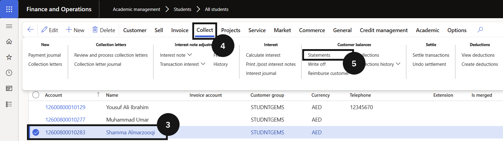View Student Ledger — the student record with the Collect menu and Statements option visible