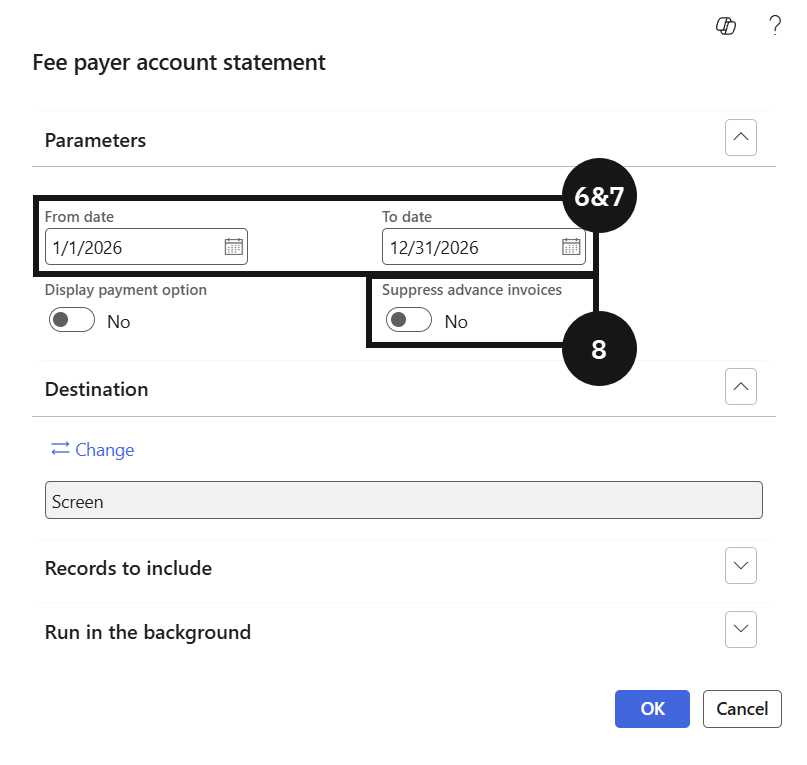 View Student Ledger — the Statements dialog with From date, To date, and Suppress Advance Invoice toggle