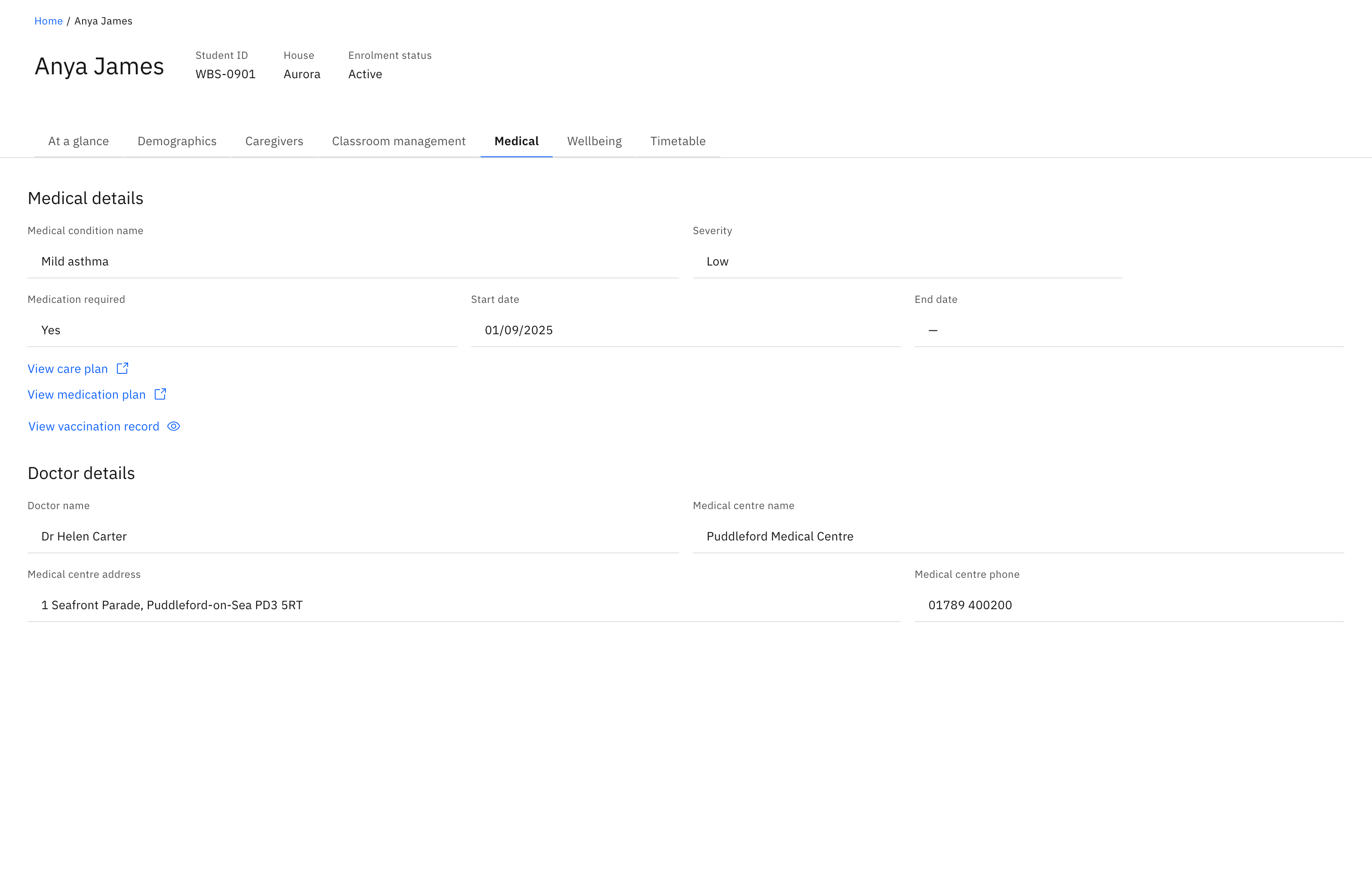 A student profile with the Medical tab selected, showing Medical details and the attached plan links