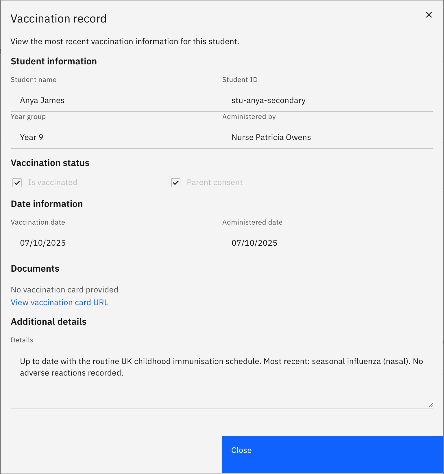 The View vaccination record pop-up showing the latest record — student info, the Is vaccinated and Parent consent ticks, and the vaccination dates