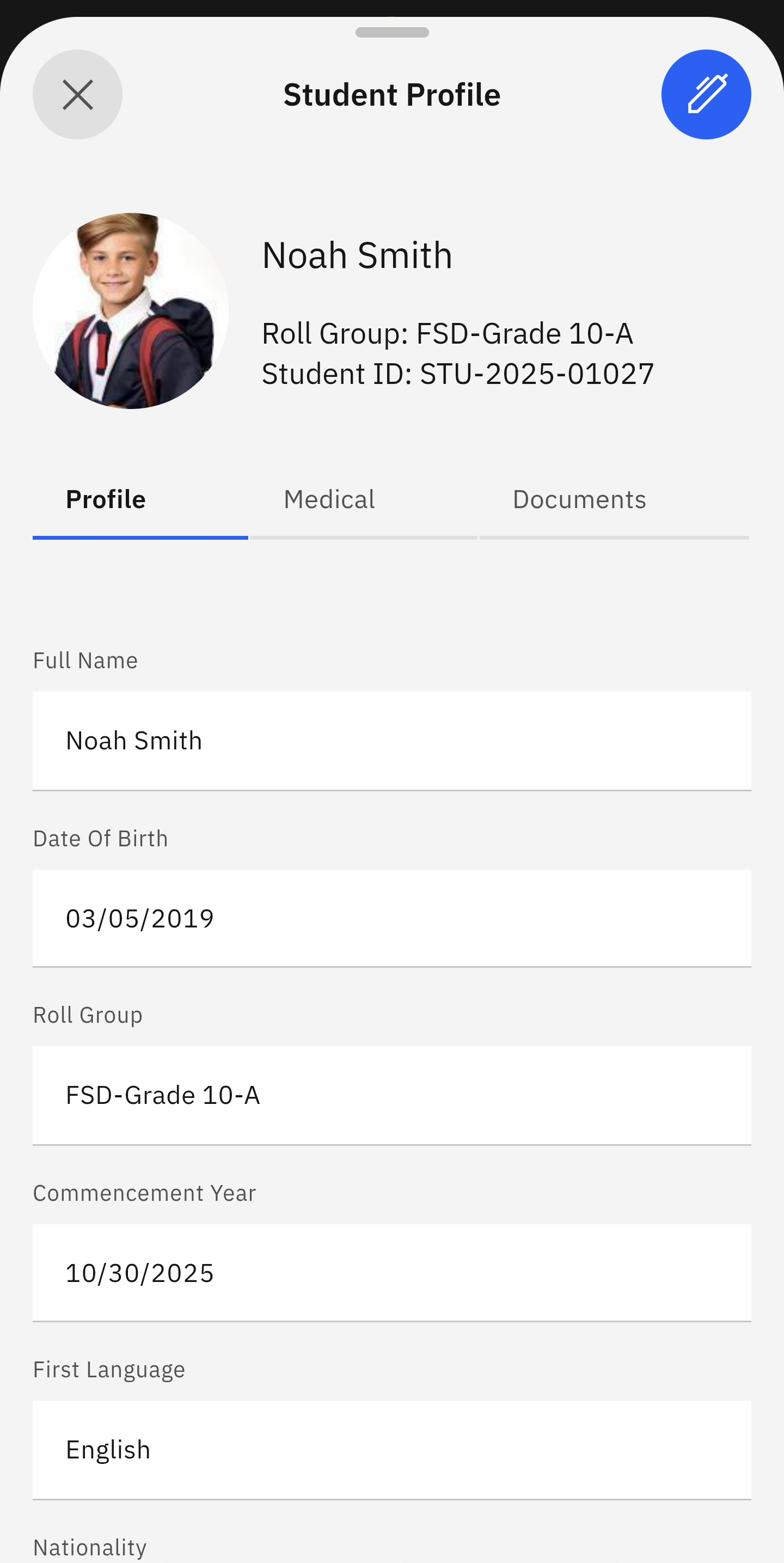 Student profile displayed with the pen icon activated