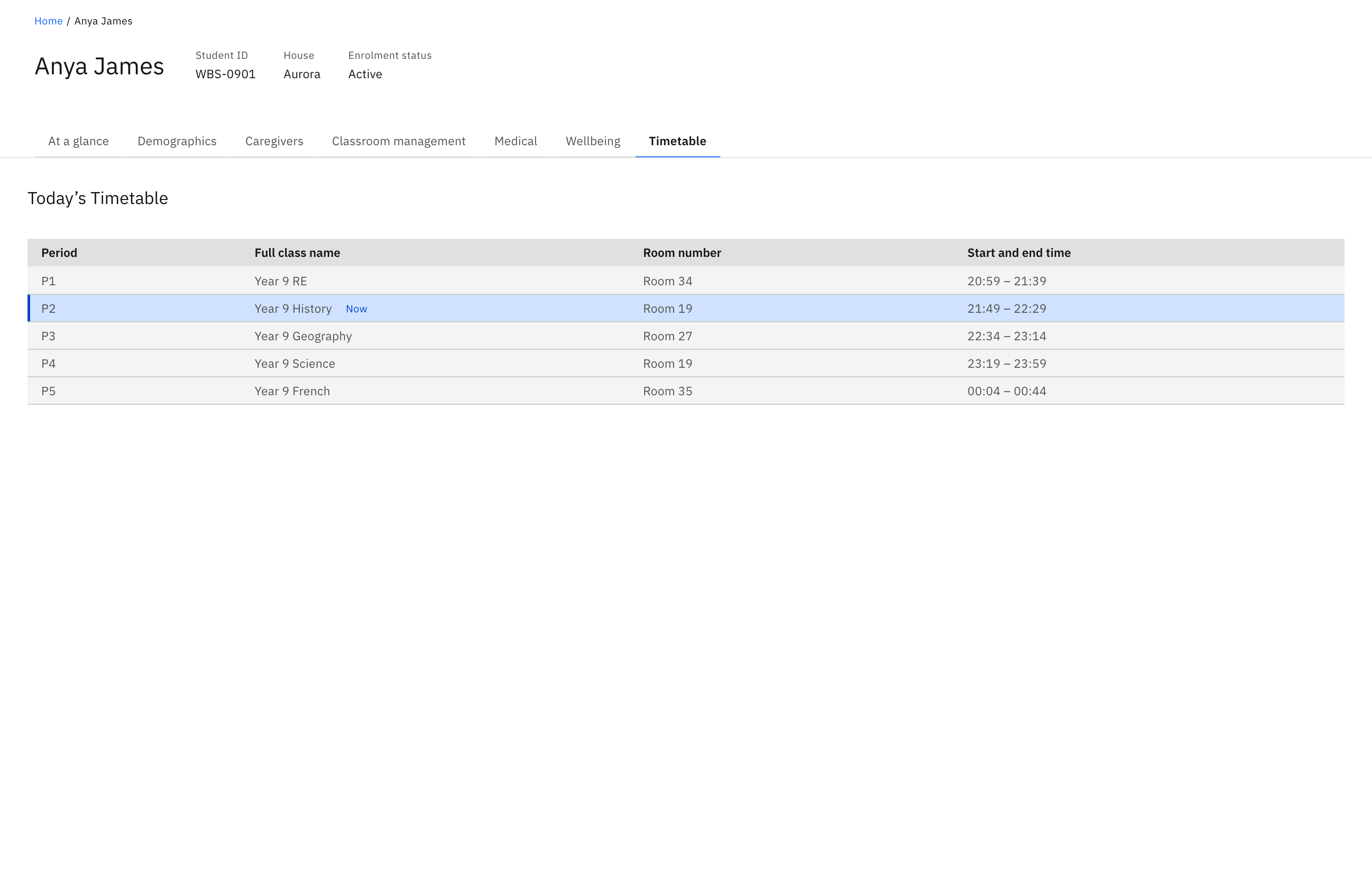 The Timetable tab showing Today's Timetable with several class rows