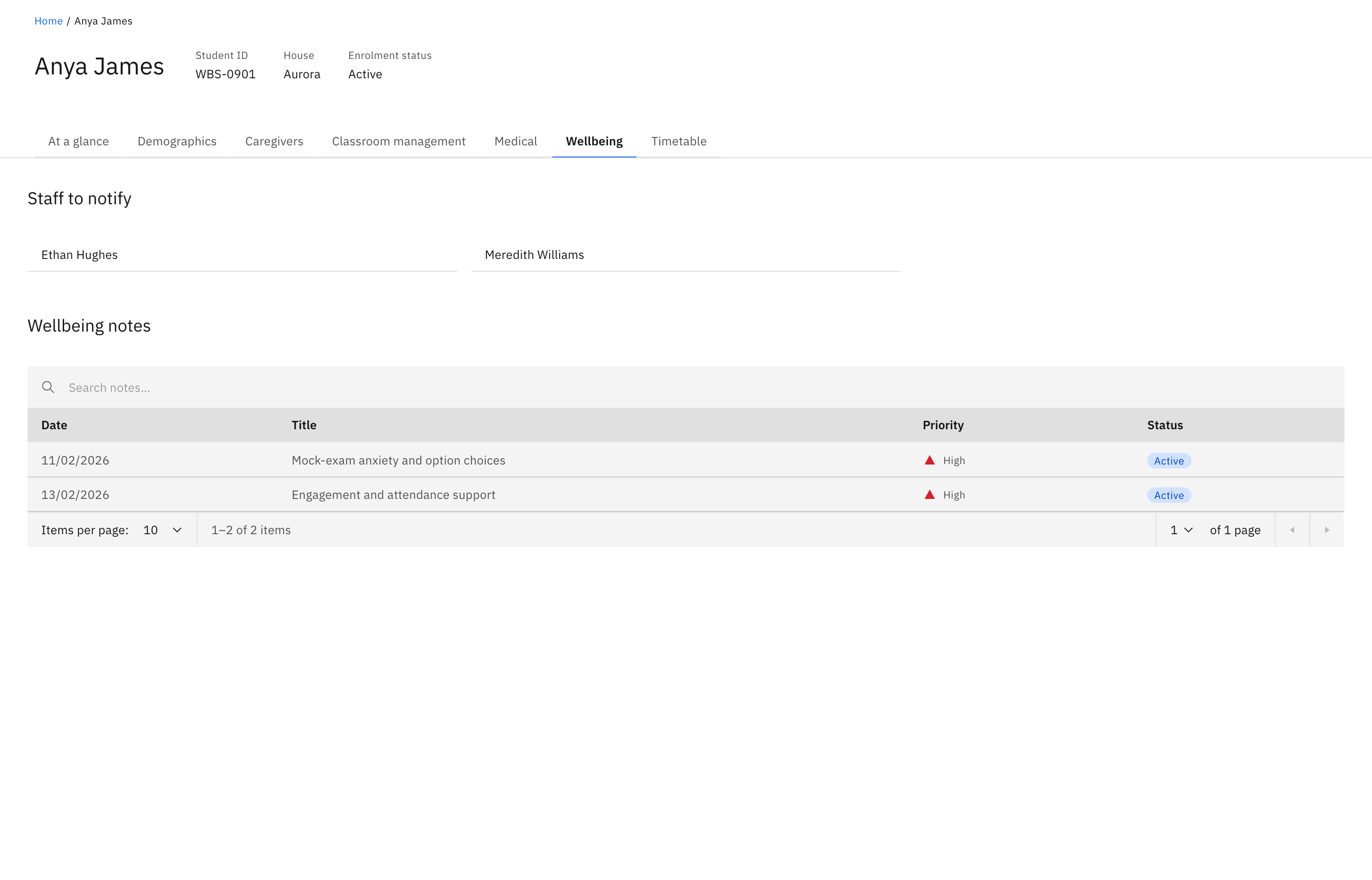 A student profile with the Wellbeing tab selected, showing Staff to notify and the Wellbeing notes table