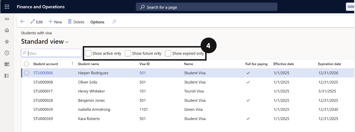 View All Students' Visa Types — the Students with Visa report with the checkbox filter and student visa list