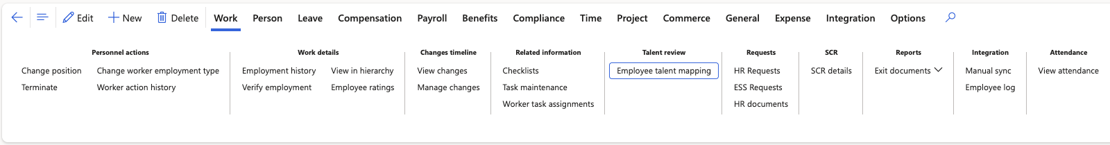 The Work tab on an employee record with Talent review selected