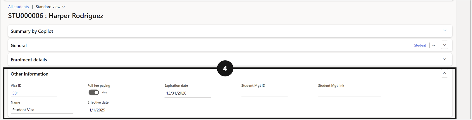 View Visa Details on a Student — visa details including type, issue date, and expiry date
