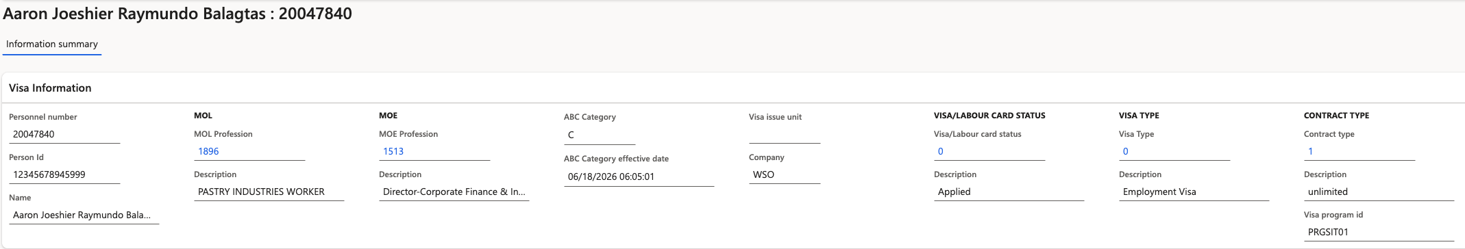 The employee record with the Visa Information section tab or panel visible and selected