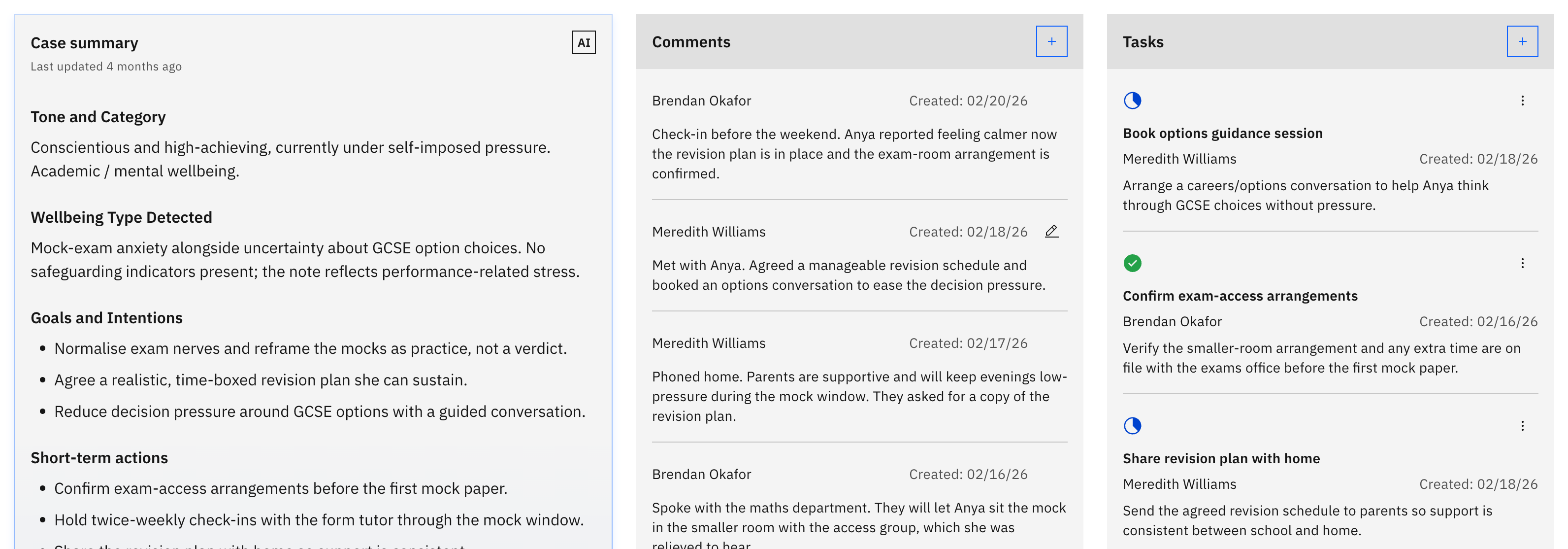 The case body — the Summary, Comments, and Tasks tiles side by side