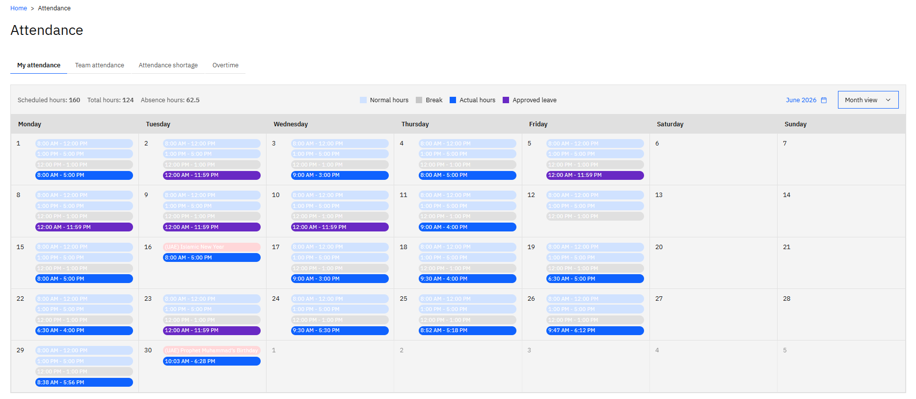 The attendance calendar legend and the monthly totals
