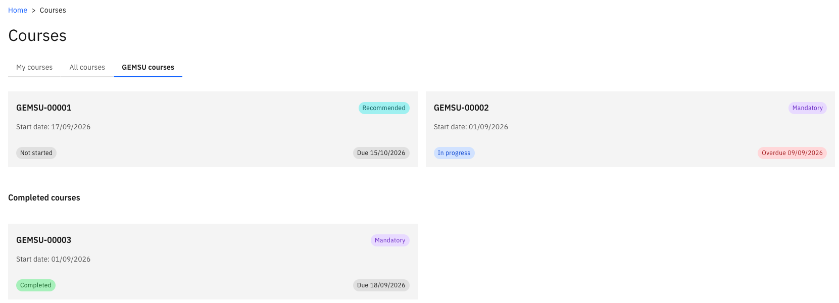 The GEMSU course list in ESS showing the GEMSU courses active tab