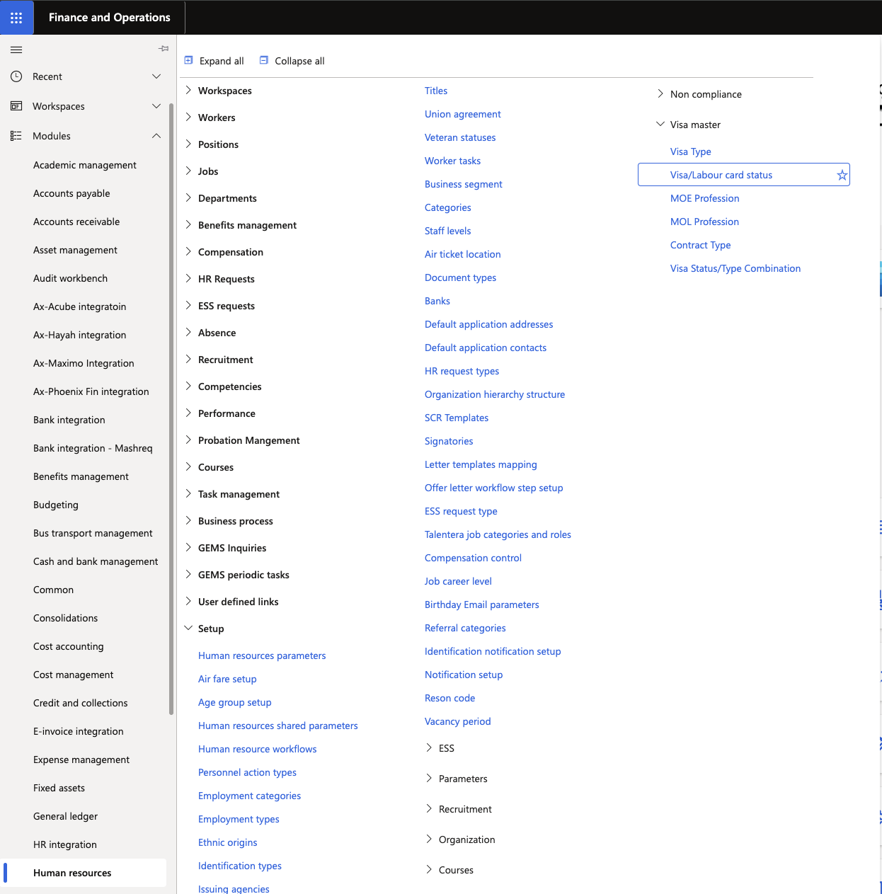 The D365 navigation showing Visa Master expanded with Visa Label Status highlighted