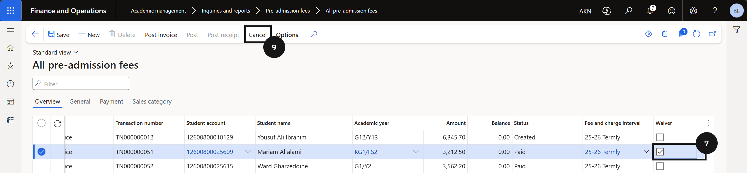 Application Fee Waiver — All pre-admission fees with the student record selected and the Waive checkbox ticked