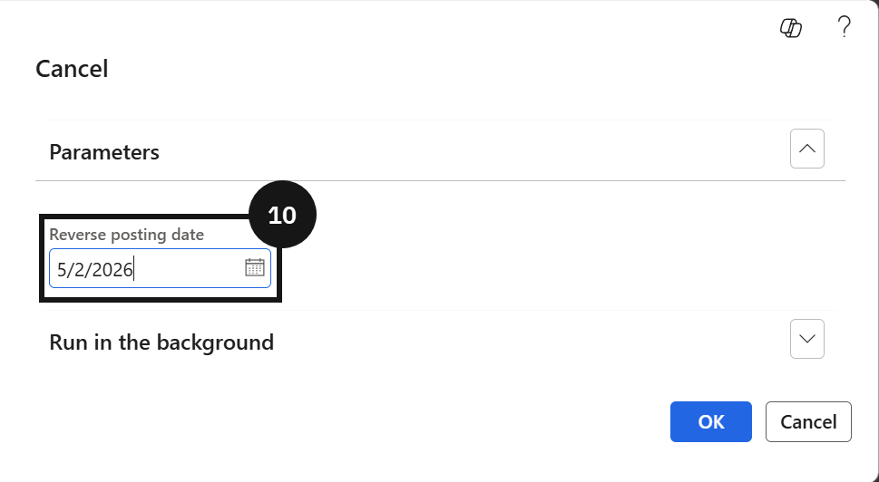 Application Fee Waiver — the Cancel dialog with the Reversing posting date field